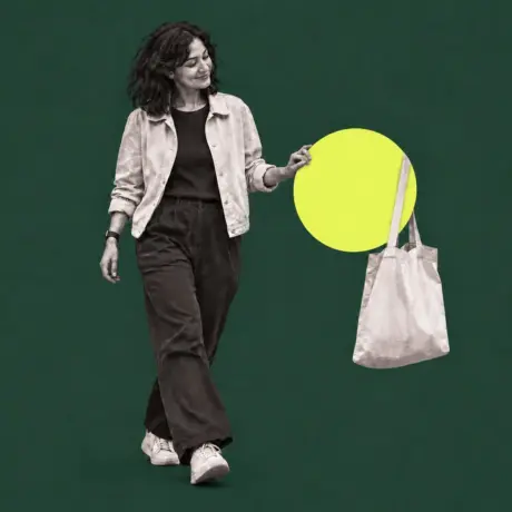 Collage of a woman walking with a tote bag, touching a yellow circle