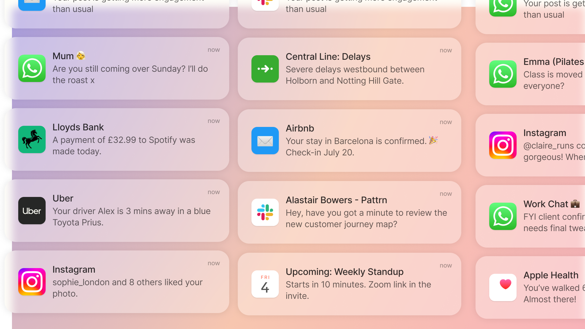 A wall of phone notifications from messaging, banking, travel and social apps
