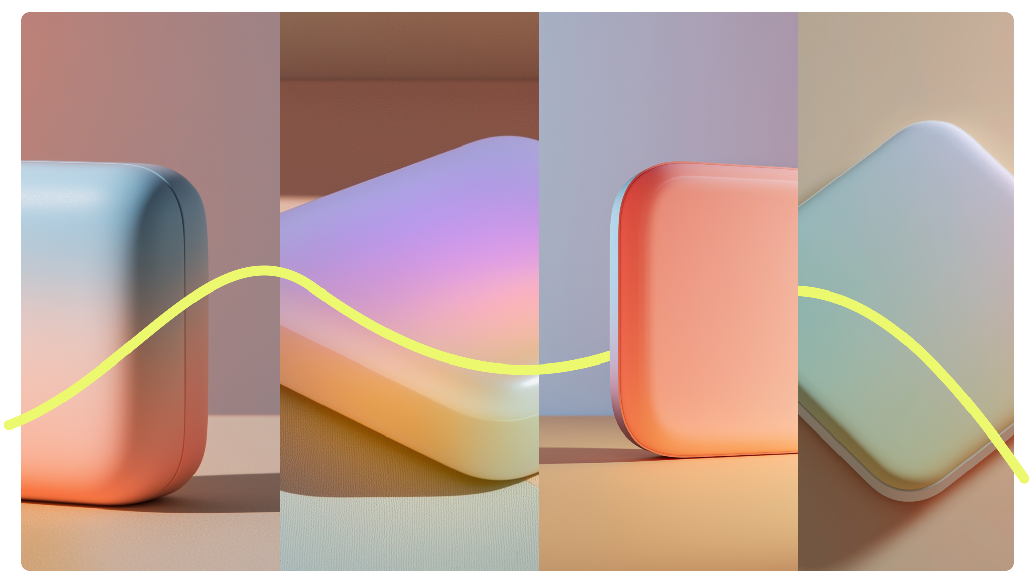 Four concept renders of a small, rounded, screen-free device in pastel colours, linked by a yellow line