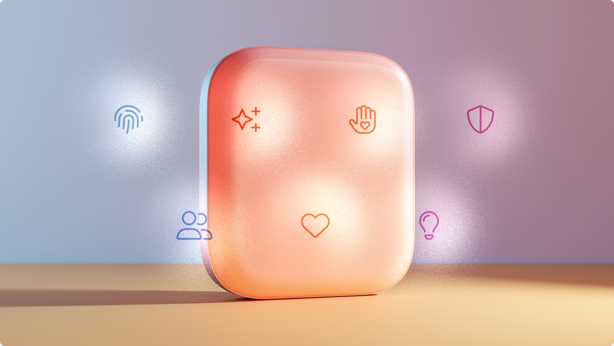Concept device surrounded by glowing icons for the seven potential services described below