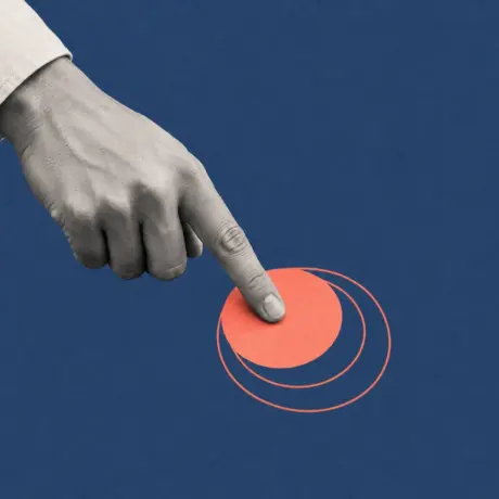 Collage of a finger pressing a coral button, with ripples spreading out