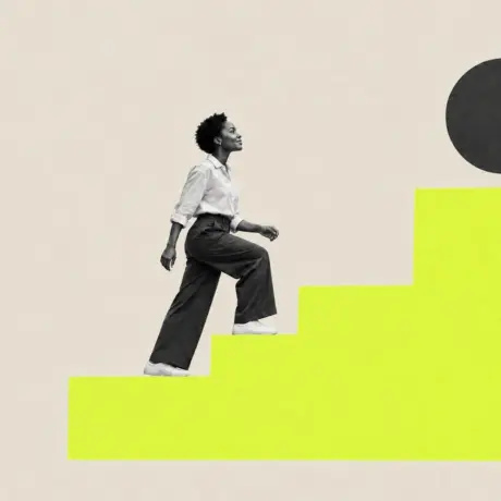 Collage of a woman climbing yellow steps towards a dark circle