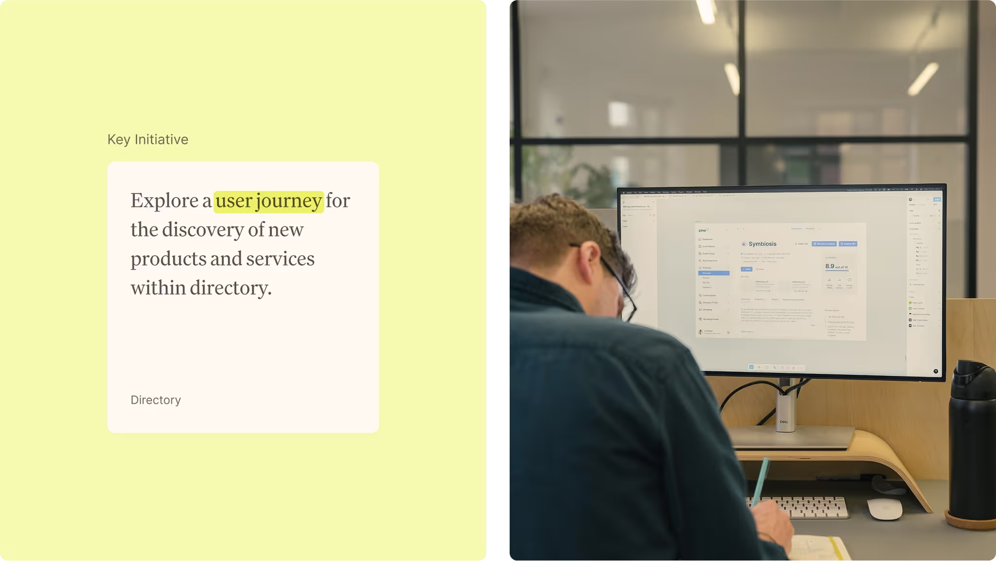 Key initiative card, 'Explore a user journey for the discovery of new products', beside a designer at a monitor