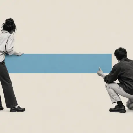 Collage of two people holding either end of a long blue bar