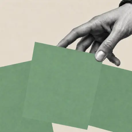 Collage of a hand lifting one of three overlapping green paper squares