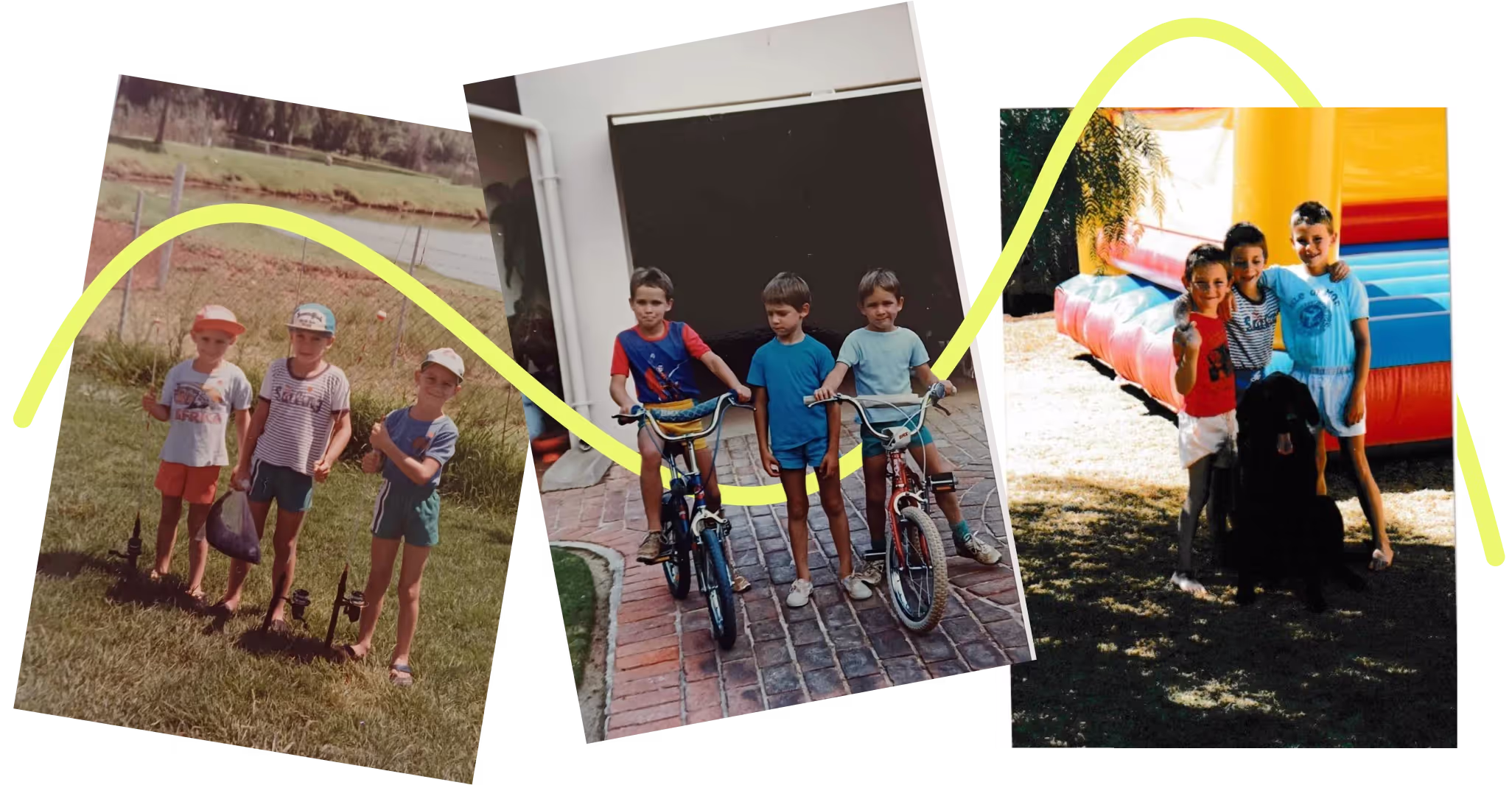 Three childhood photos of boys playing outdoors and on bikes, linked by a yellow line