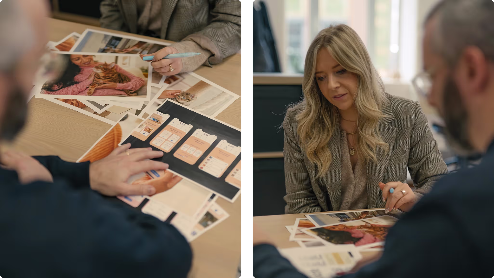Team reviewing printed design concepts and mobile screens spread across a table