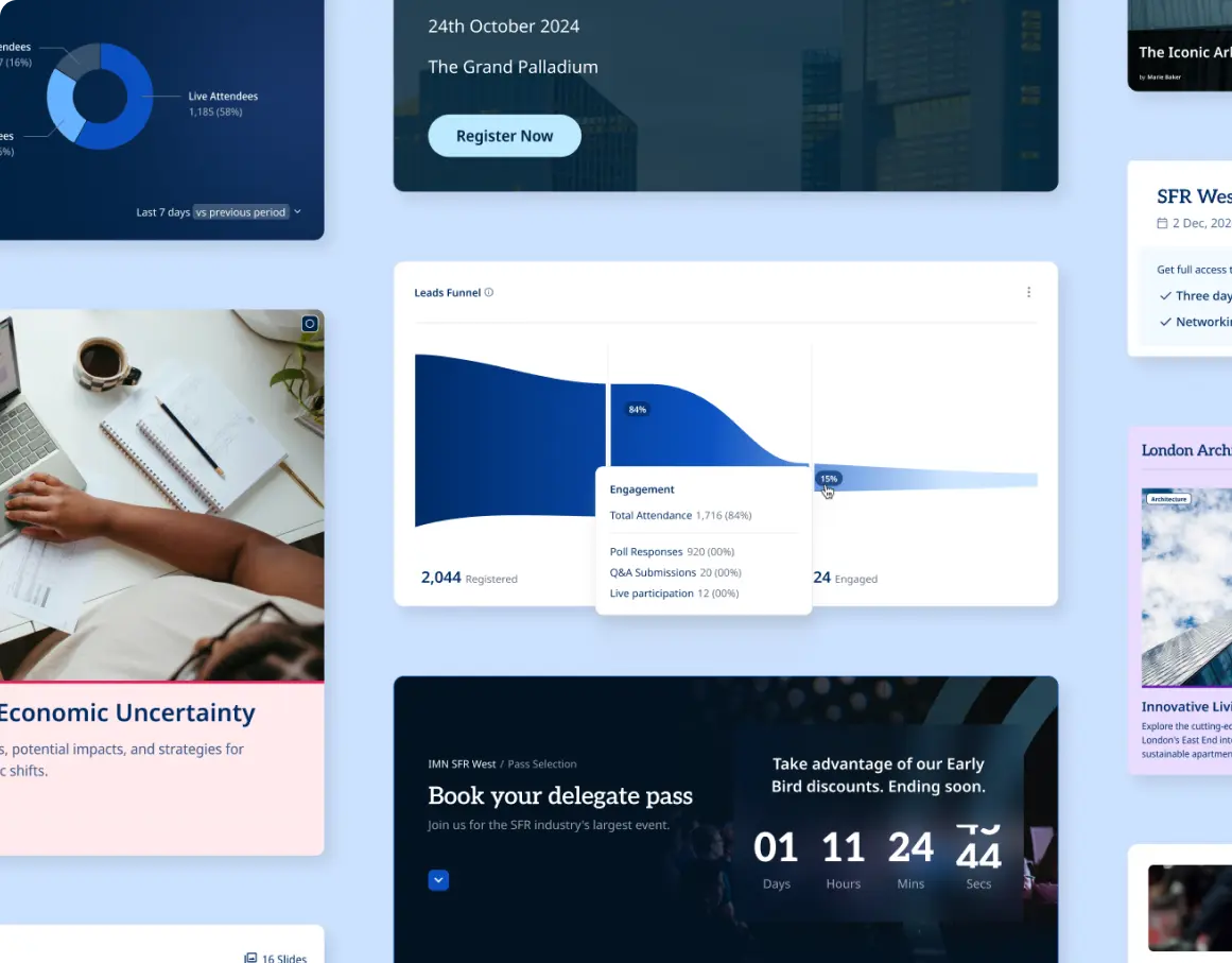 Collage of design system components, including event banners, charts and a ticket countdown