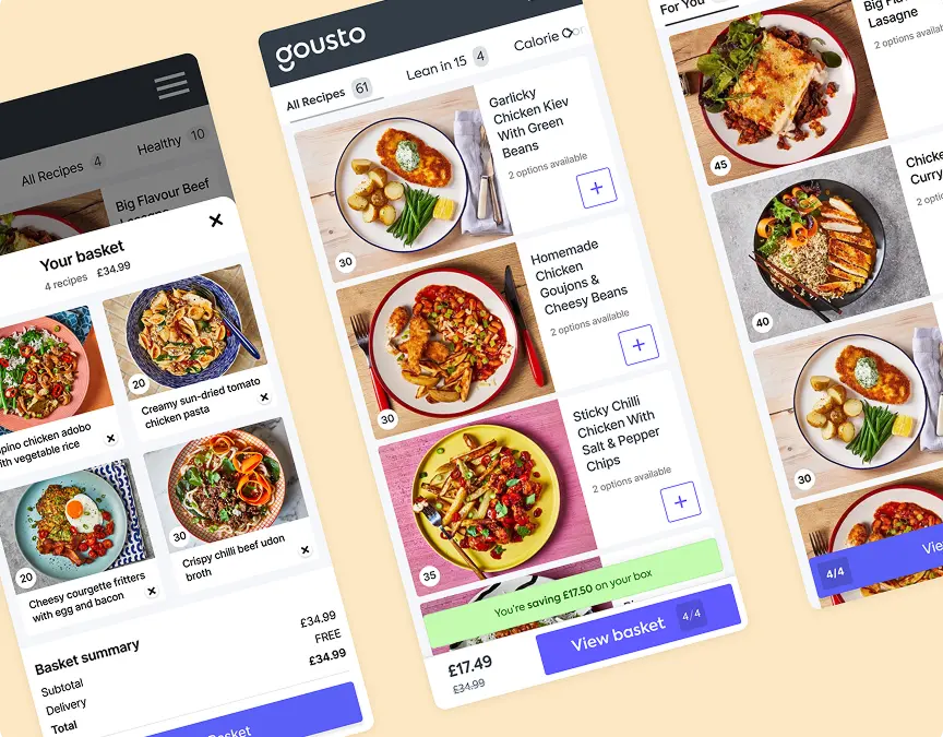 Mobile prototype screens of a recipe menu and basket