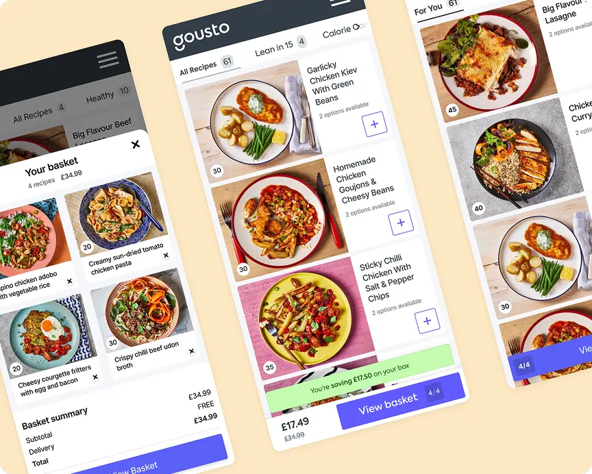 Mobile prototype screens of a recipe menu and basket