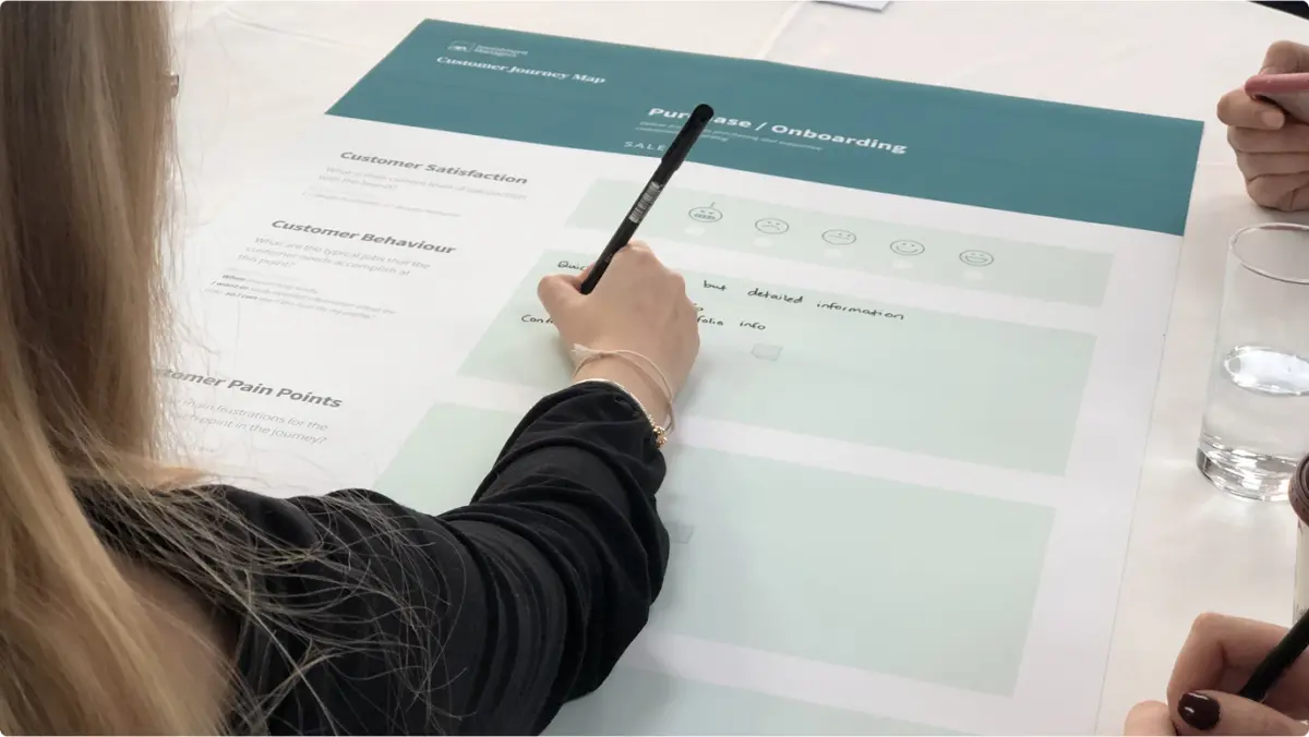 Workshop participant writing on a printed customer journey map for purchase and onboarding