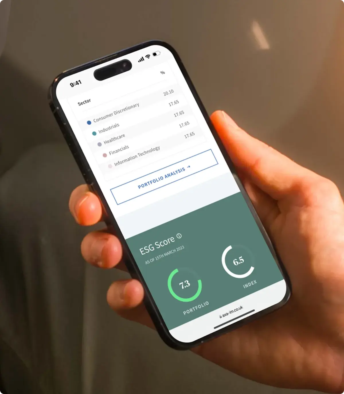 Phone showing a fund's sector breakdown and ESG scores for portfolio and index
