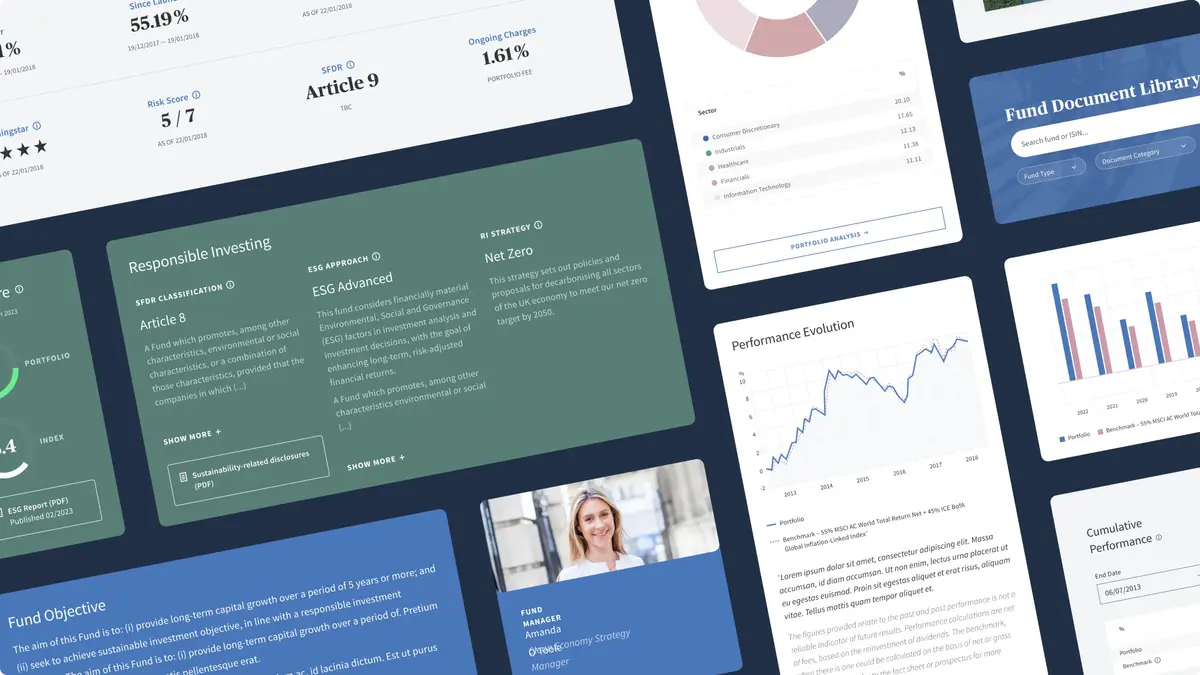 AXA IM fund page modules: responsible investing, fund objective, performance and document library