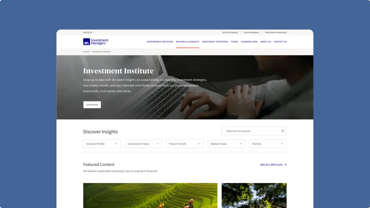 Redesigned Investment Institute landing page with search, filters and featured content