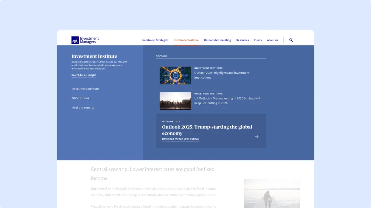 Investment Institute menu in the new AXA IM navigation, with featured outlook articles