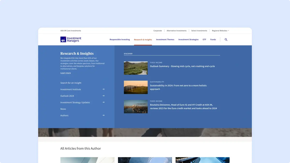 AXA IM website with the Research & Insights menu open, showing featured articles