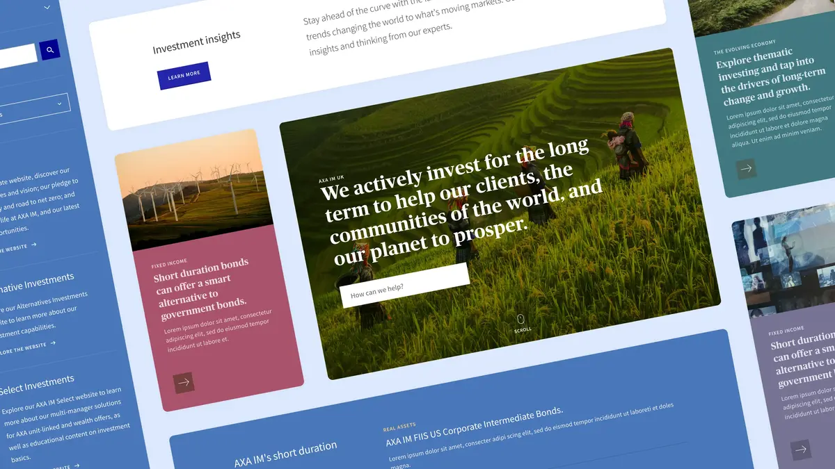 Modular AXA IM page templates with a hero banner, insight cards and fund promotions