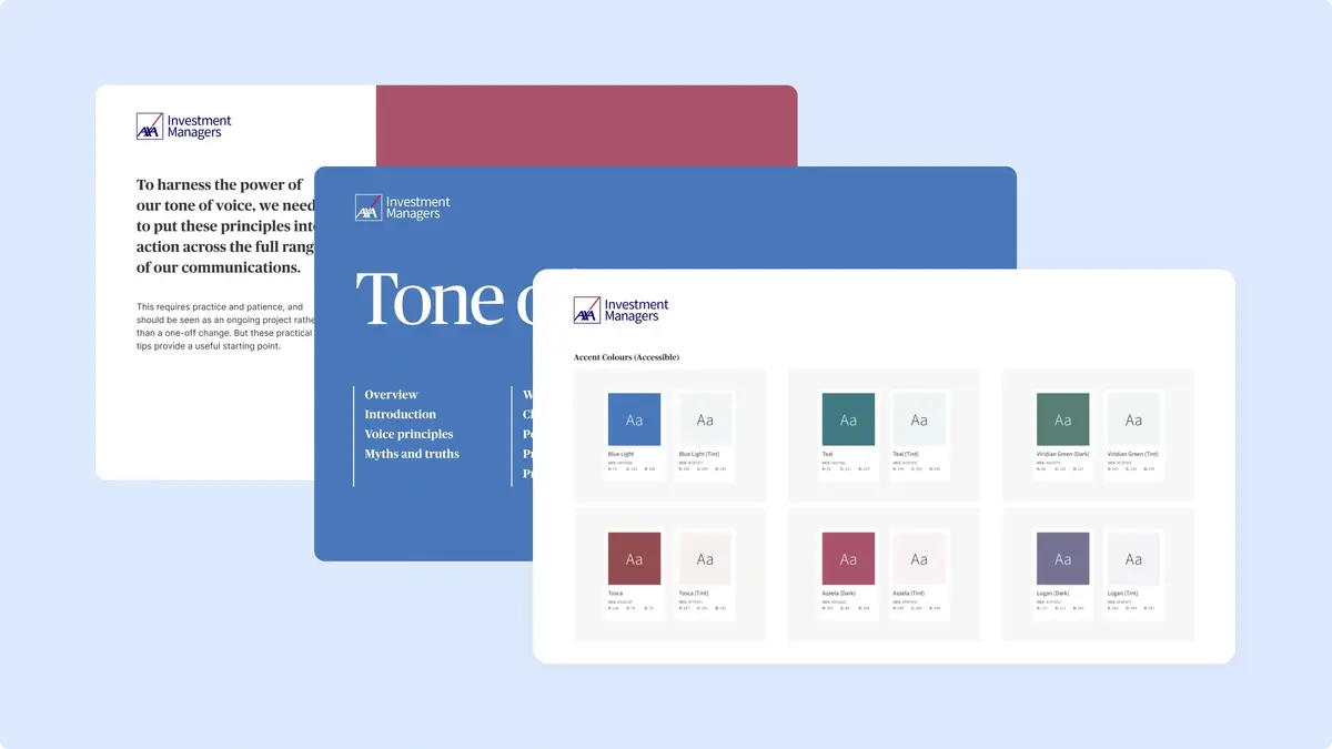 AXA IM tone of voice guidelines and accessible colour palette