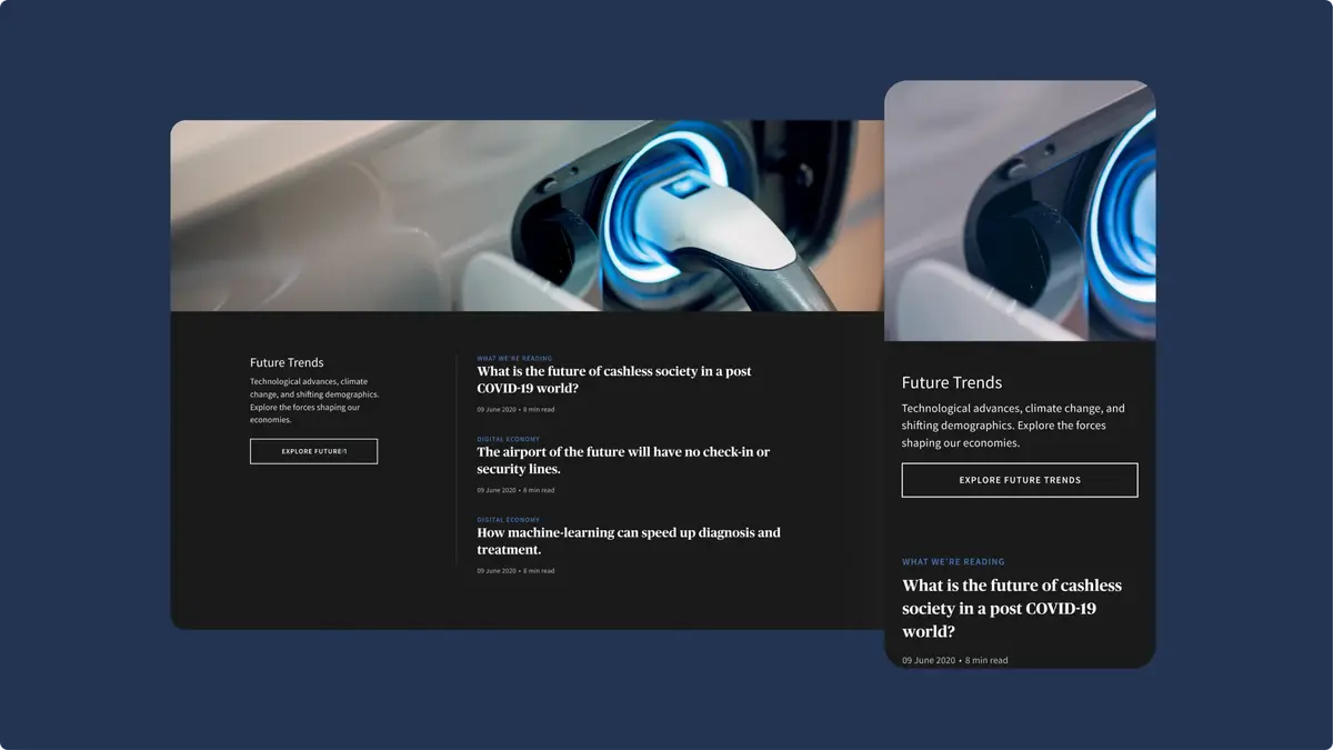 Dark-themed AXA IM 'Future Trends' editorial page on desktop and mobile