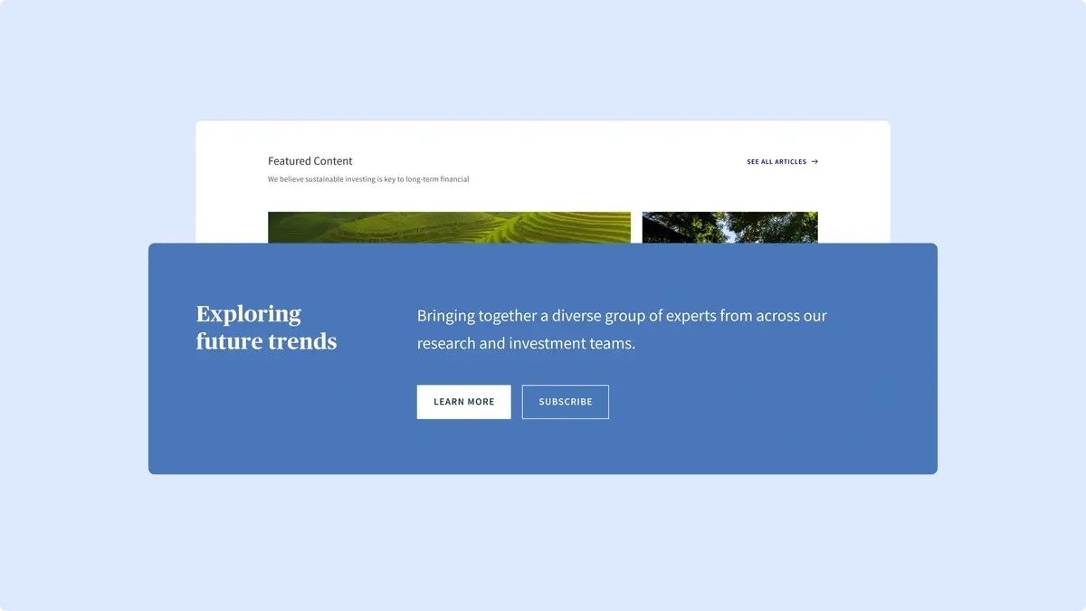 AXA IM editorial module, 'Exploring future trends', with Learn more and Subscribe buttons