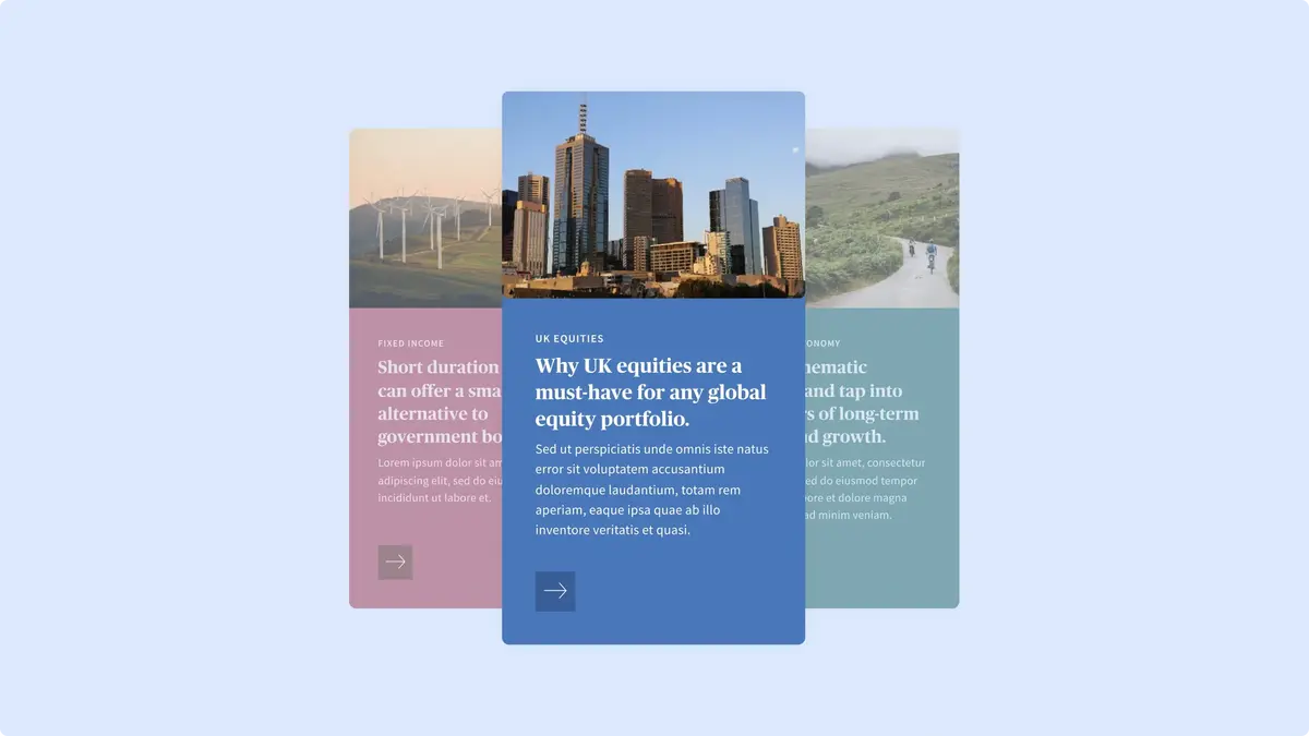 AXA IM article cards for fixed income, UK equities and thematic investing