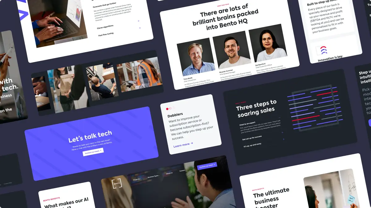 Collage of reusable Bento website modules, including team, call-to-action and steps sections