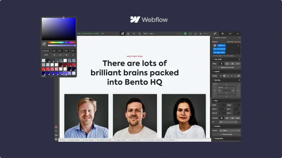 Bento 'Meet our team' page being edited in Webflow