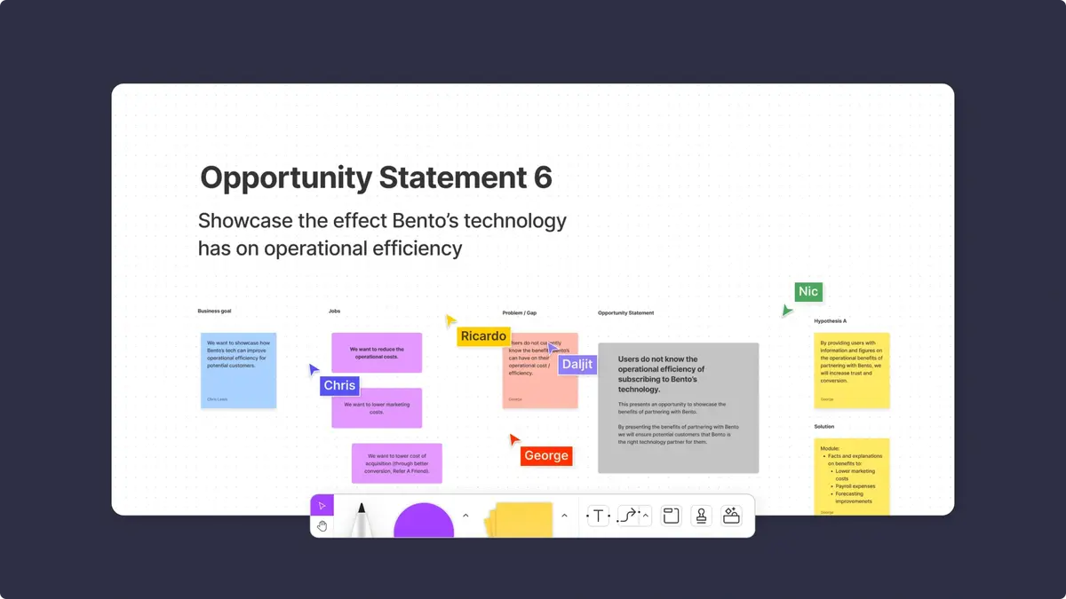 Online whiteboard of sticky notes for an opportunity statement, with collaborators' cursors
