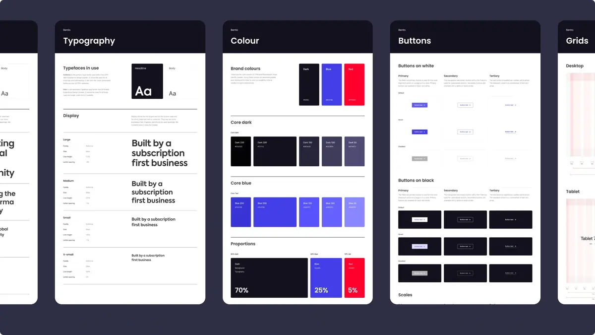 Bento design system pages for typography, colour, buttons and grids