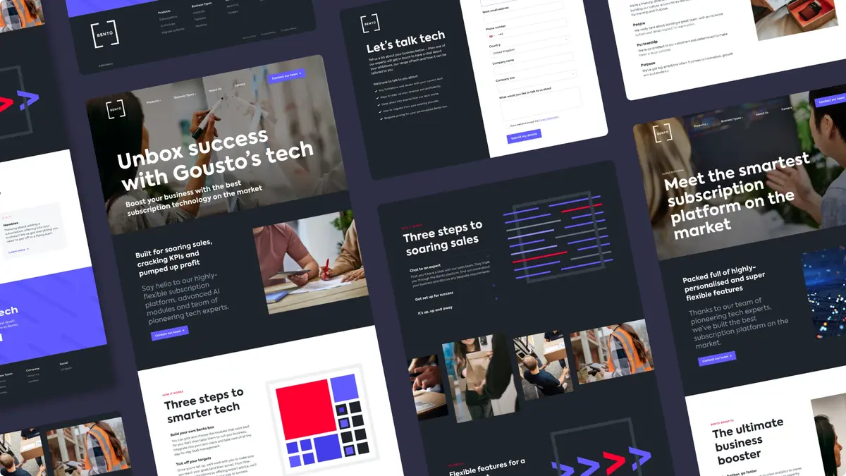 Bento website page designs, including 'Unbox success with Gousto's tech'