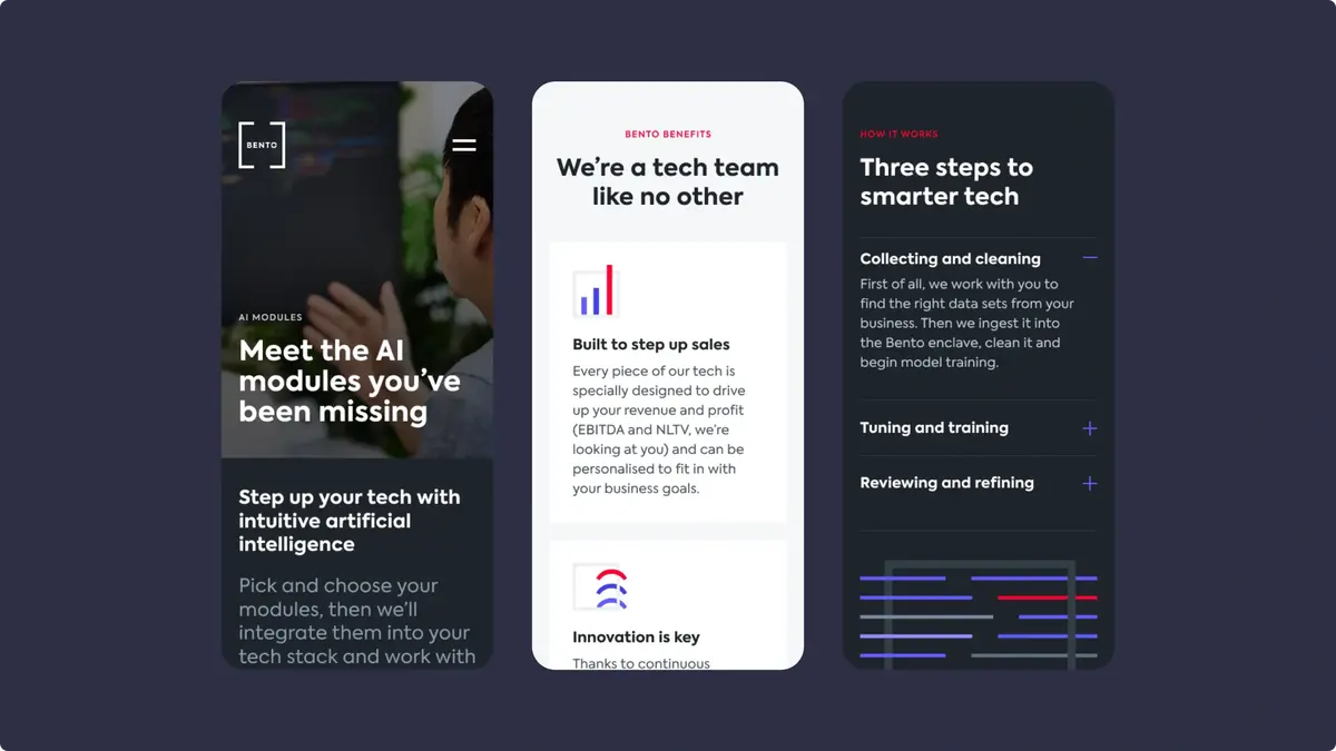 Three Bento mobile screens: AI modules, benefits and 'Three steps to smarter tech'