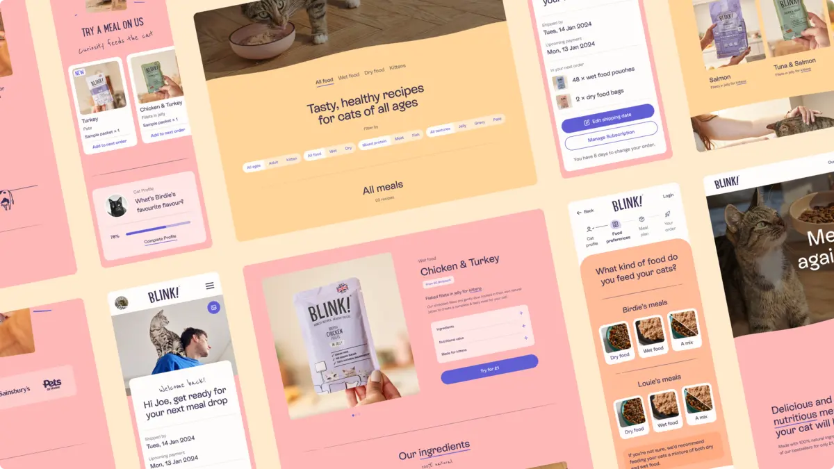 Collage of Blink mobile screens: recipes, product details, meal plans and food preferences