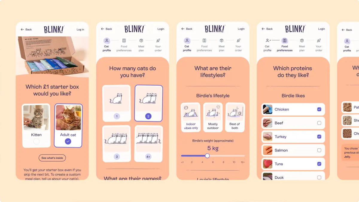 Blink sign-up screens asking about starter box, number of cats, lifestyle and favourite proteins
