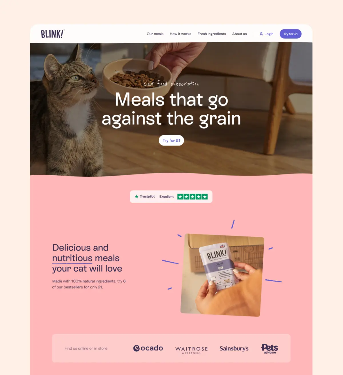 After: the redesigned Blink homepage, 'Meals that go against the grain', with retailer logos