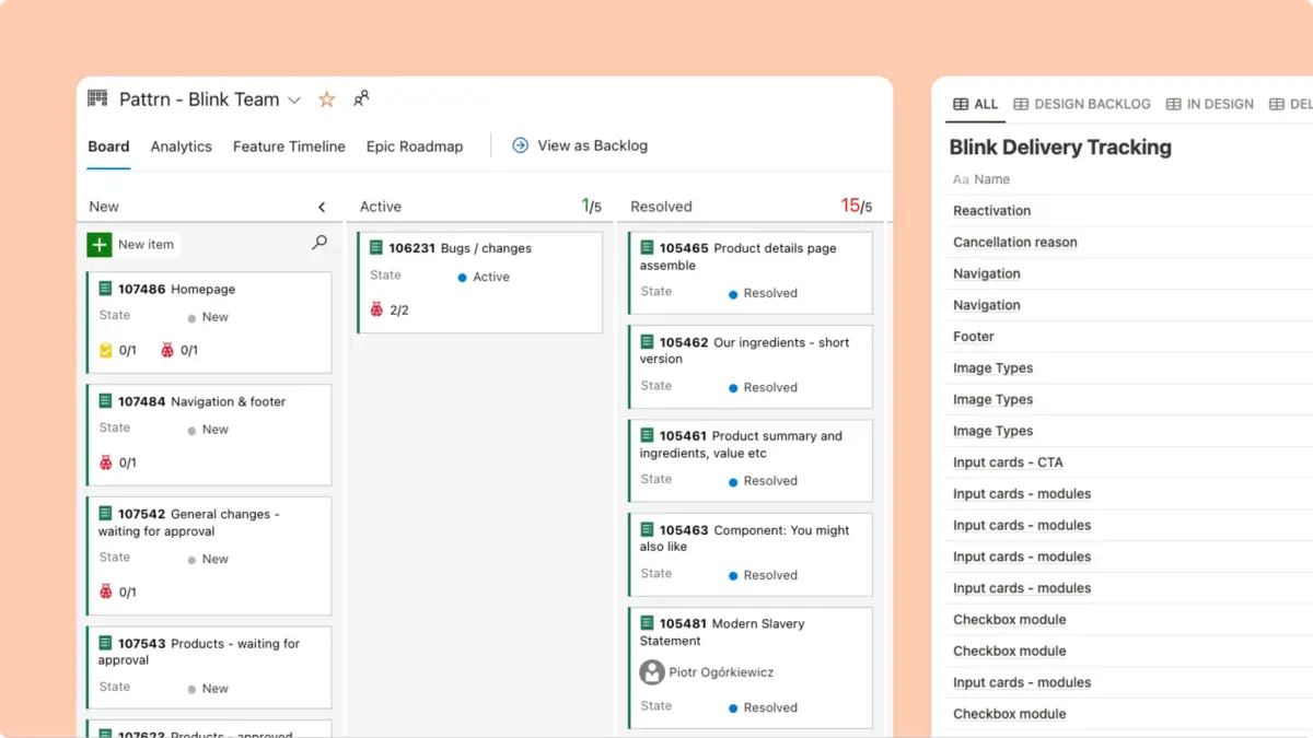 Project board for the Pattrn and Blink team beside a Blink delivery tracking list