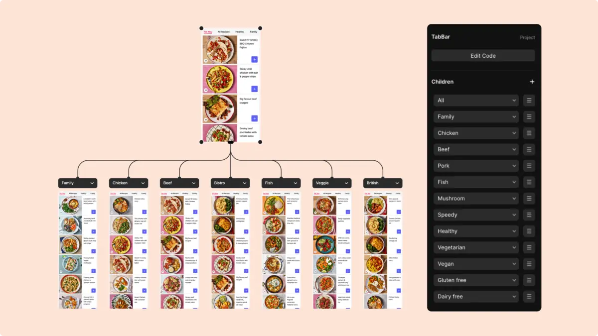 Simulated Gousto menu prototype with recipe lists for each category tab