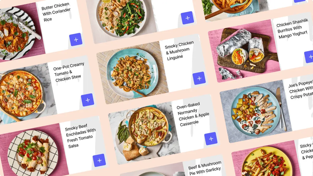 Grid of Gousto recipe cards, each with a dish photo and an add button