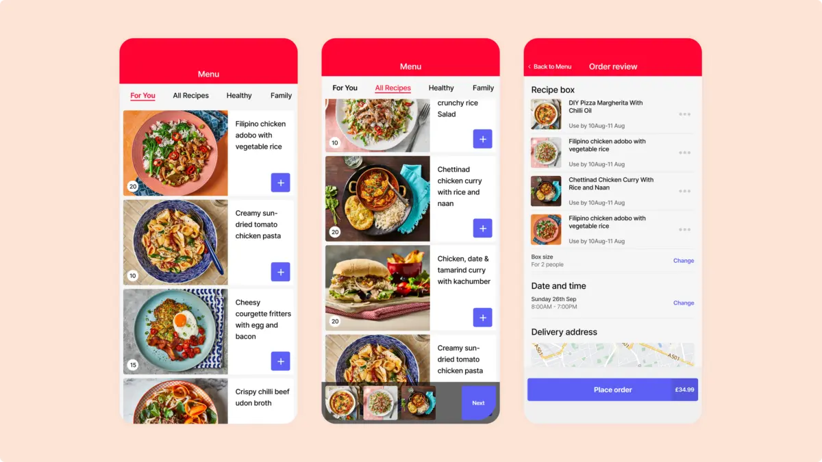 Simulated Gousto menu screens: For You, All Recipes and order review