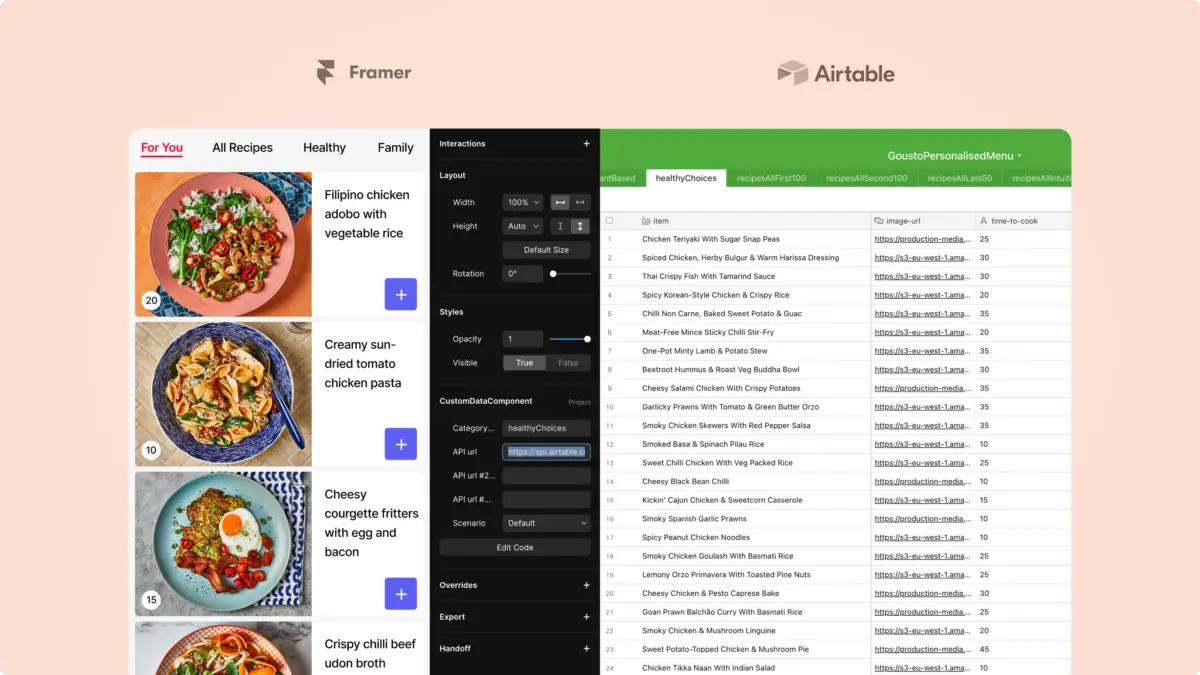 Framer prototype of the Gousto menu linked to recipe data in Airtable