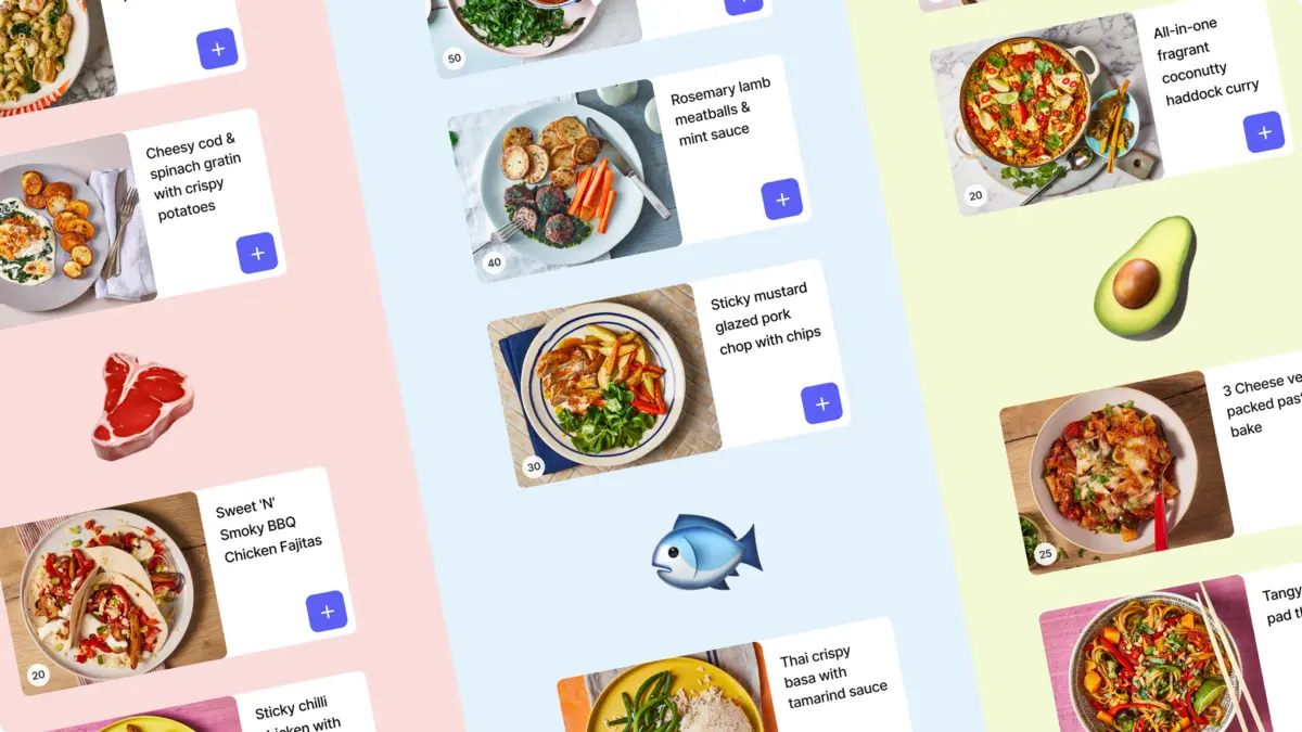 Personalised sets of Gousto recipe cards grouped around meat, fish and vegetarian dishes