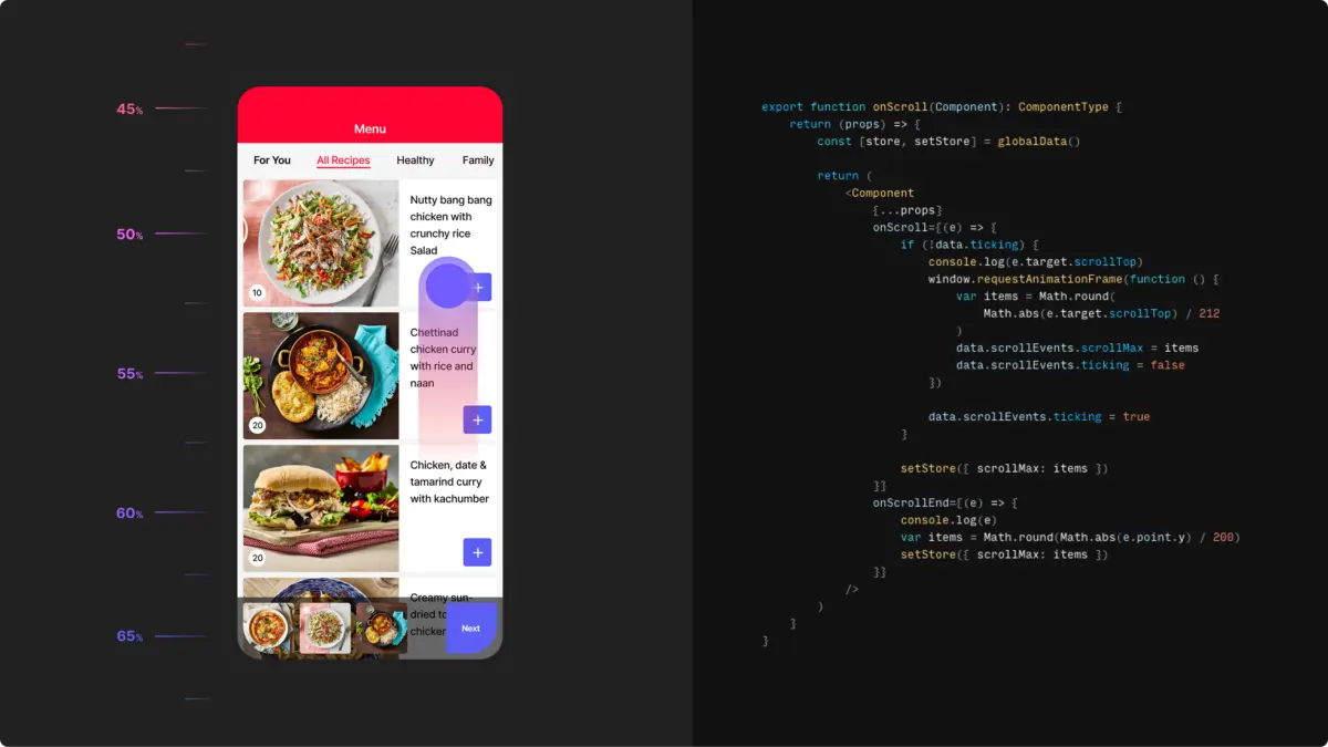 Gousto menu prototype beside the code that tracks scroll depth
