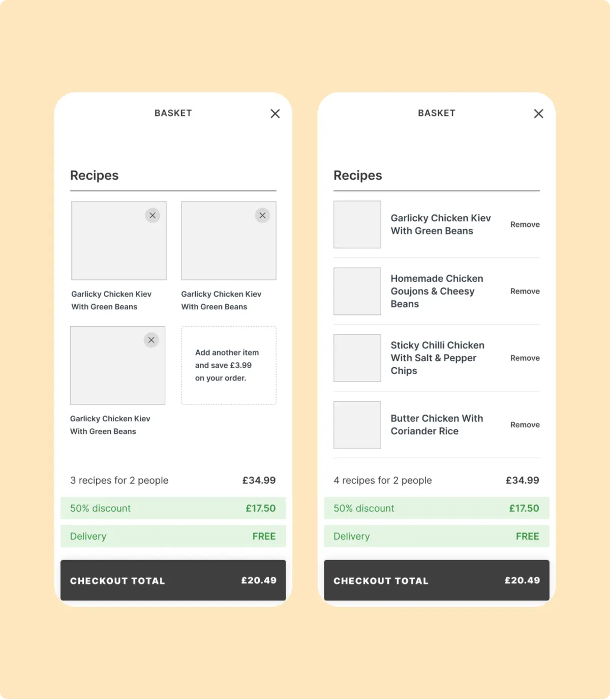 Two basket wireframes comparing recipe tiles and a list, with discount and delivery totals