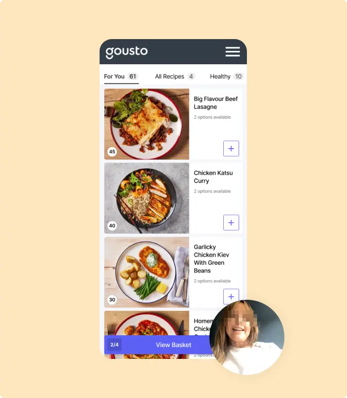 Gousto recipe menu on mobile with an interview participant's video overlay, face blurred