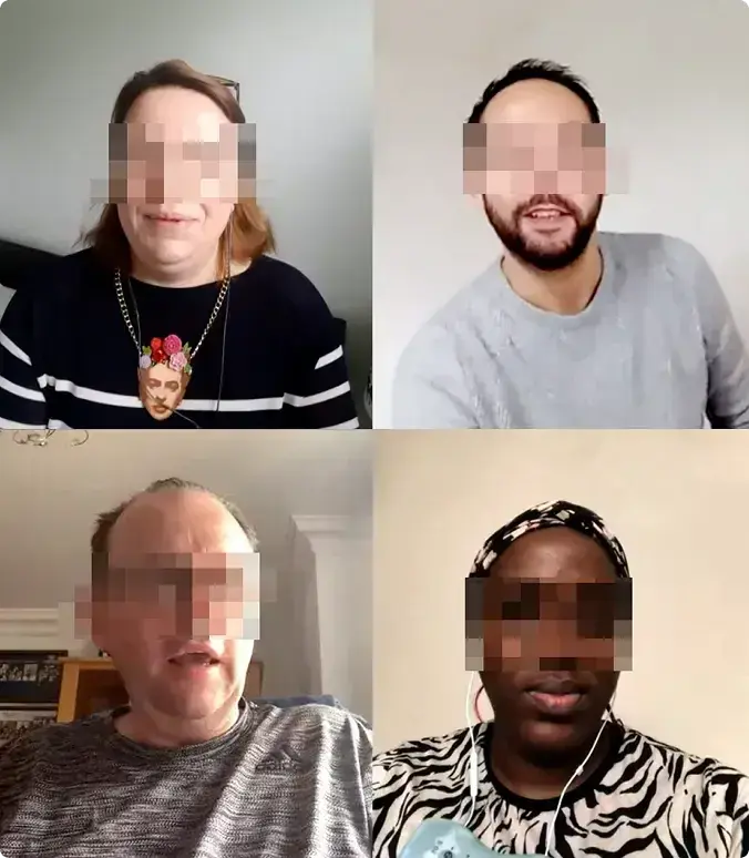 Video call with four interview participants, faces blurred