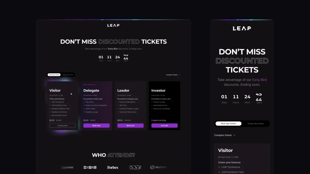 LEAP ticketing page on desktop and mobile, with an early bird countdown and four ticket tiers