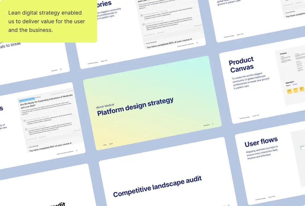 Wondr strategy slides: platform design strategy, product canvas, user flows and competitive audit