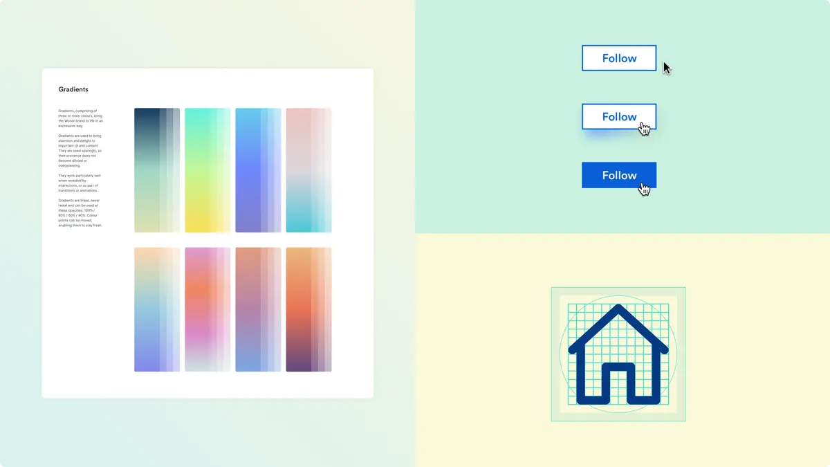 Wondr UI library elements: gradient swatches, follow button states and a home icon