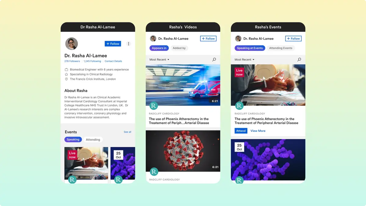 Three Wondr mobile profile screens for a clinician: about, videos and events