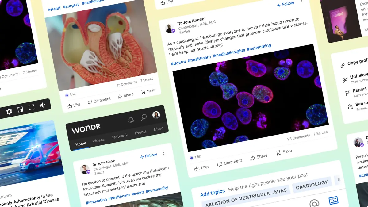 Collage of modular Wondr feed posts, navigation and topic tagging components