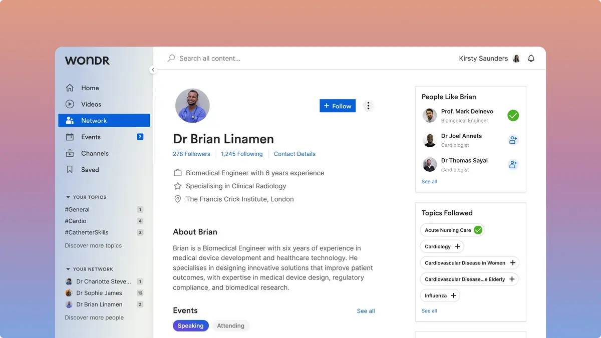 Wondr network profile page for a biomedical engineer, with followers, topics and events